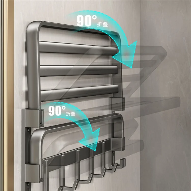 Toallero plegable de aluminio de 40 cm para baño, sin necesidad de taladrar, con estante de almacenamiento y ganchos para toallas