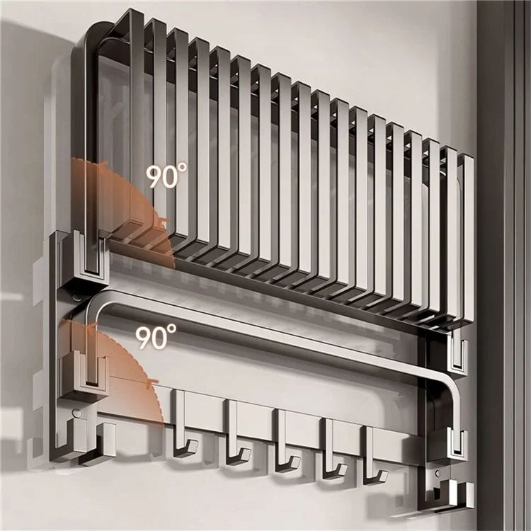 Toallero de 60 cm de aleación de aluminio plegable, montado en pared sin necesidad de taladrar, con estante y ganchos para baño