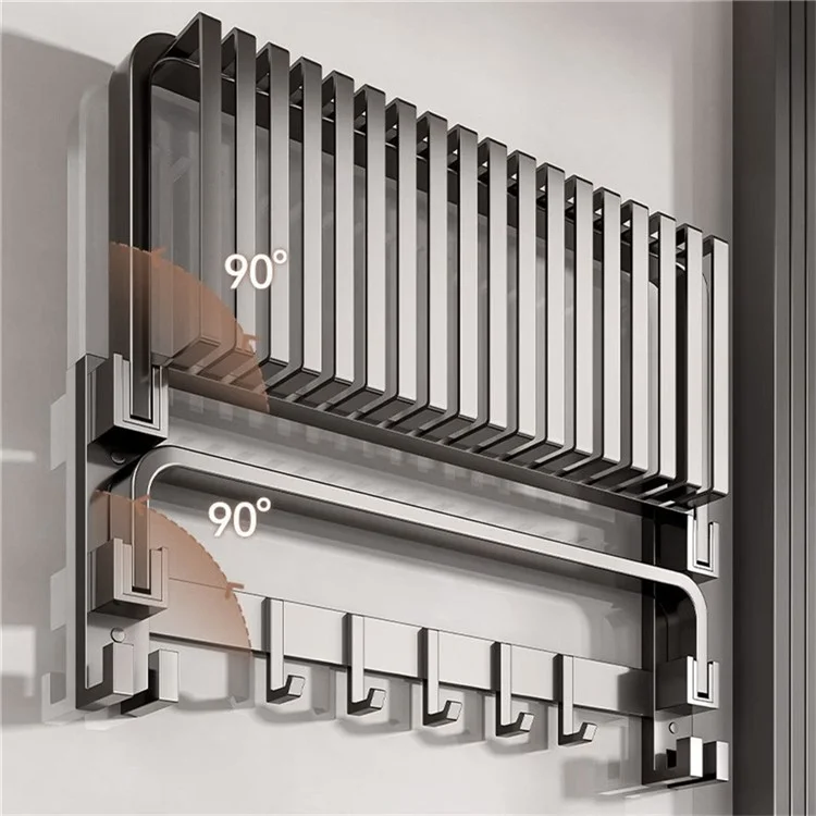 Toallero de 50 cm de aleación de aluminio plegable, montado en pared sin necesidad de taladrar, con estante y ganchos para baño
