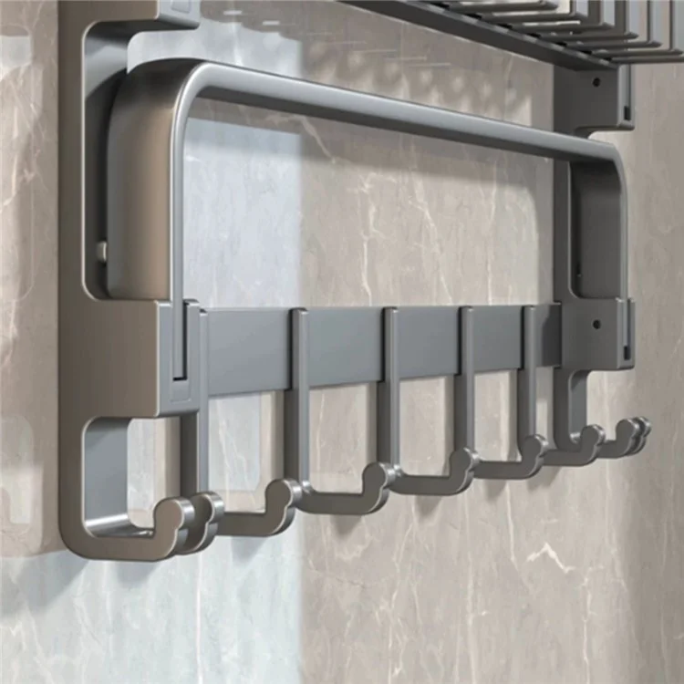 Toallero de 40 cm de aleación de aluminio plegable, montado en pared sin necesidad de taladrar, con estante y ganchos para baño