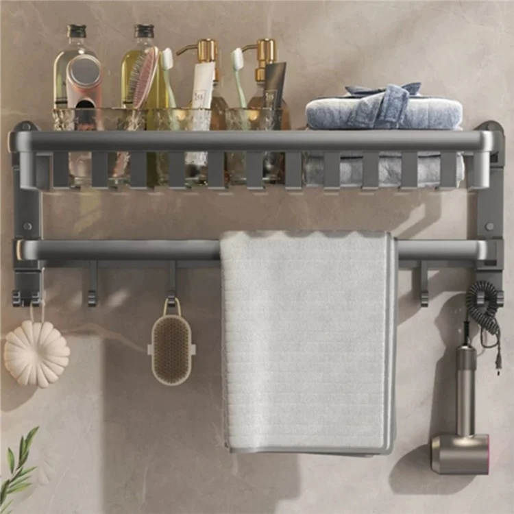 Toallero de 40 cm de aleación de aluminio plegable, montado en pared sin necesidad de taladrar, con estante y ganchos para baño