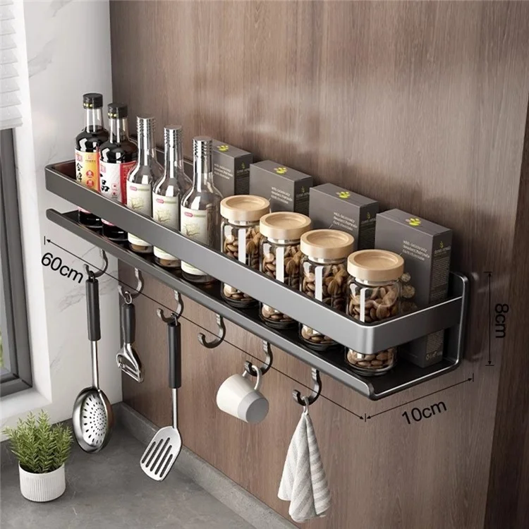 Estante de Especias de Acero al Carbono de 60 cm para Cocina, Montaje en Pared sin Taladrar, con Ganchos para Botellas de Condimentos