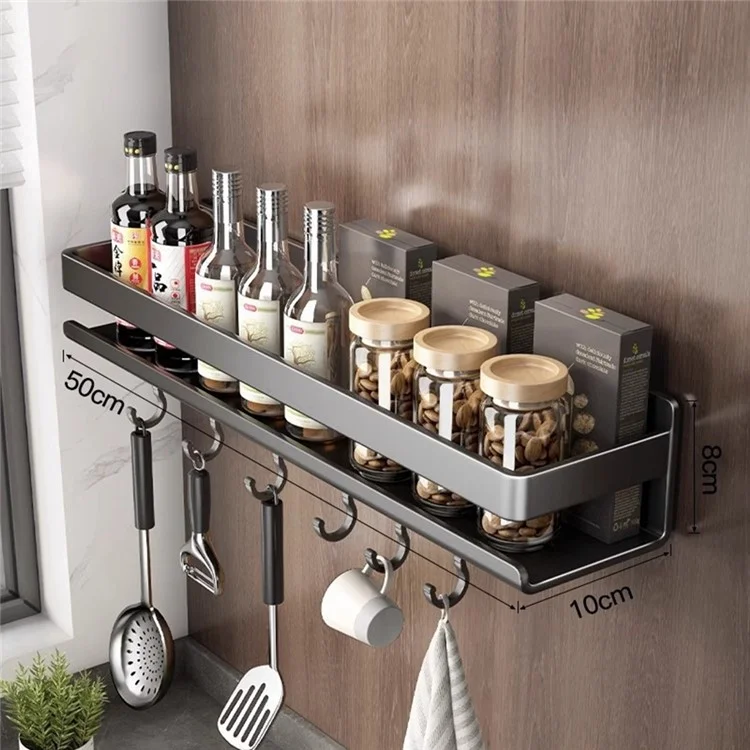 Estante de Almacenamiento de Especias de 50 cm para Cocina, de Acero al Carbono, Montado en Pared sin Necesidad de Taladrar, con Ganchos para Botellas de Condimentos