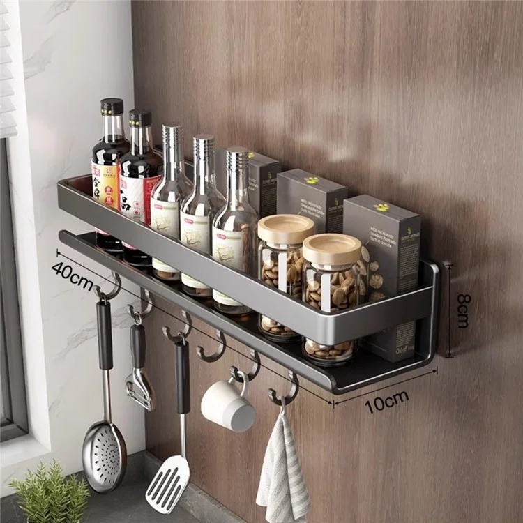 Estante de Almacenamiento de Especias de 40 cm para Cocina, de Acero al Carbono, Montado en Pared sin Necesidad de Taladrar, con Ganchos para Botellas de Condimentos