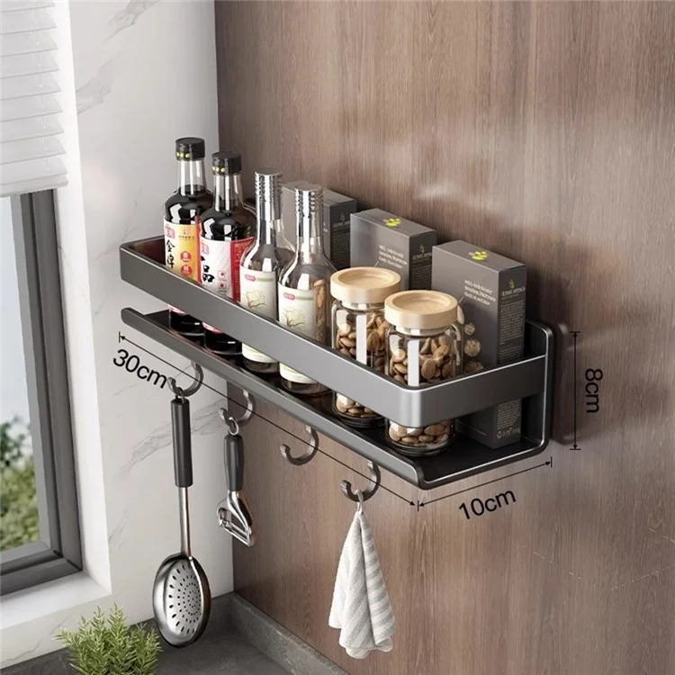 Estante de Almacenamiento de Especias de Acero al Carbono de 30 cm para Cocina, Montaje en Pared sin Taladrar, con Ganchos para Botellas de Condimentos