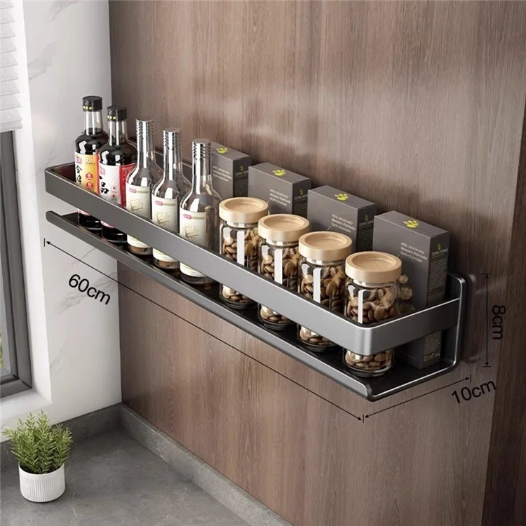 60cm Carbon Steel Kitchen Spice Rack Wall Mounted No Drilling Seasoning Bottle Storage Shelf