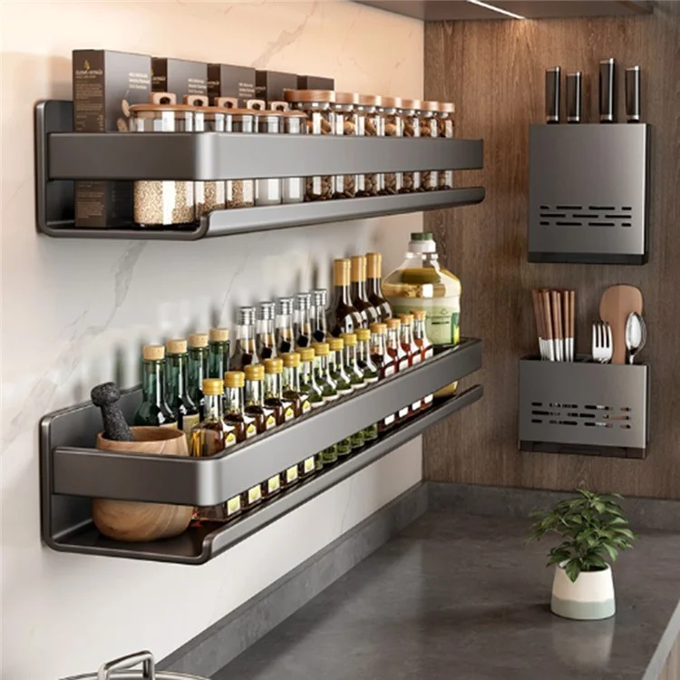 Étagère à épices de cuisine en acier carbone de 40 cm, montage mural sans perçage, rangement pour bouteilles d'assaisonnement