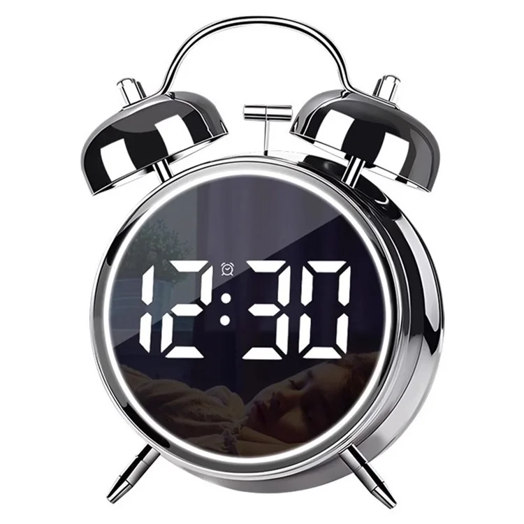 12 / 24H LED Screen Alarm Clock 120dB Loud Electroplated Metal Clock with Night Light (Without Battery) - Silver