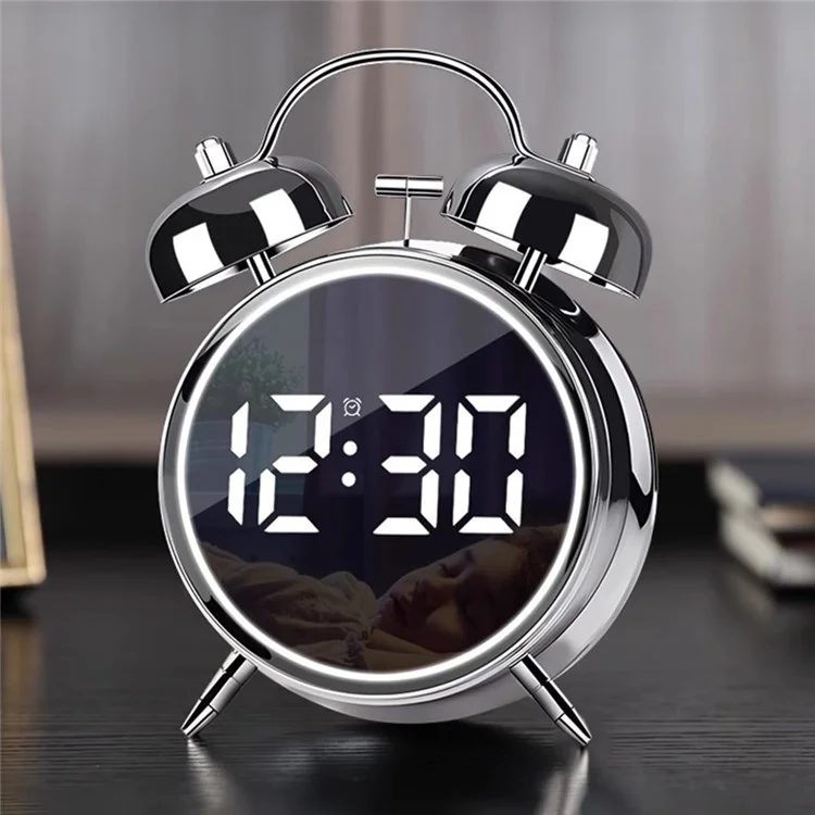 12 / 24H LED Screen Alarm Clock 120dB Loud Electroplated Metal Clock with Night Light (Without Battery) - Silver