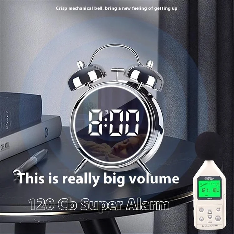 12 / 24H LED Screen Alarm Clock 120dB Loud Electroplated Metal Clock with Night Light (Without Battery) - Silver