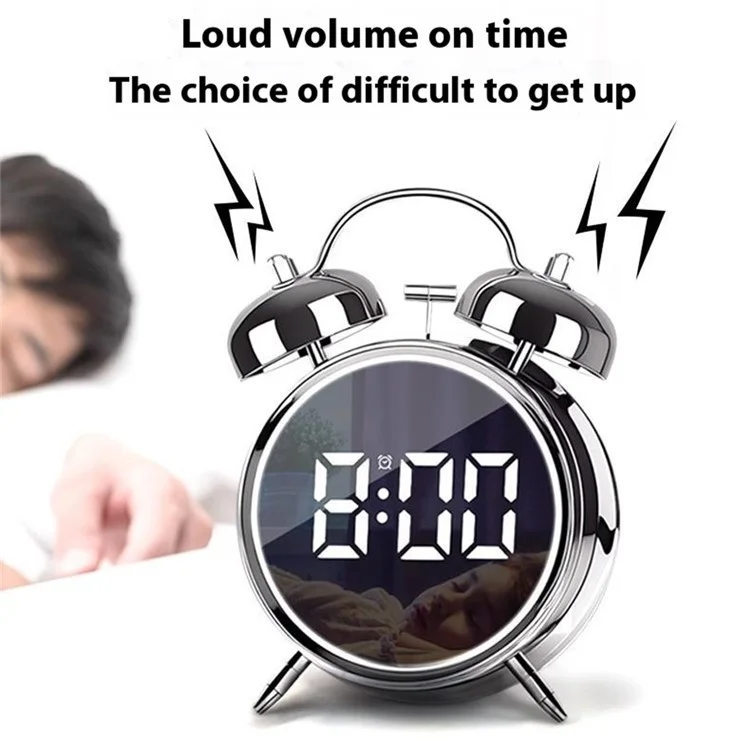 12 / 24H LED Screen Alarm Clock 120dB Loud Electroplated Metal Clock with Night Light (Without Battery) - Silver