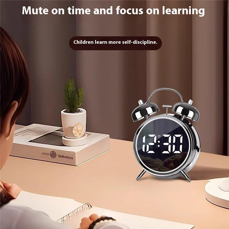 12 / 24H LED Screen Alarm Clock 120dB Loud Electroplated Metal Clock with Night Light (Without Battery) - Silver
