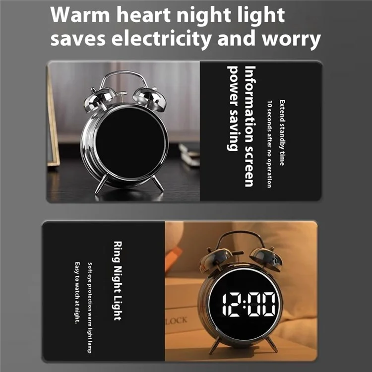 12 / 24H LED Screen Alarm Clock 120dB Loud Electroplated Metal Clock with Night Light (Without Battery) - Silver