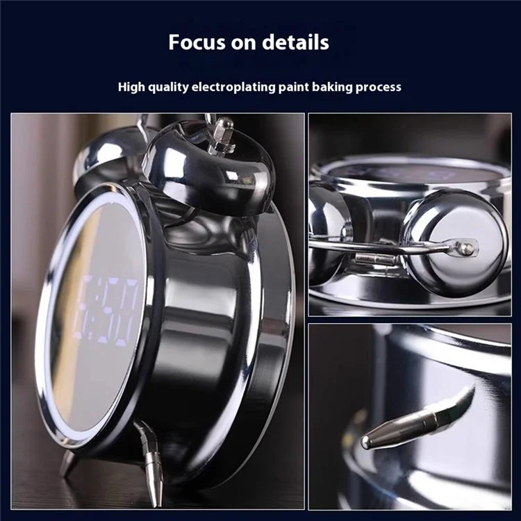 12 / 24H LED Screen Alarm Clock 120dB Loud Electroplated Metal Clock with Night Light (Without Battery) - Silver