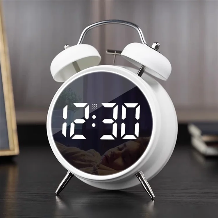 12 / 24H LED Screen Alarm Clock 120dB Loud Electroplated Metal Clock with Night Light (without Battery) - White