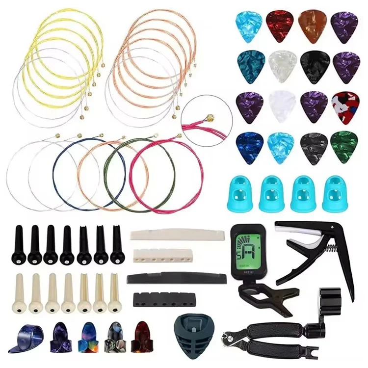 Kit de 65 accessoires pour guitare acoustique et électrique, comprenant cordes, accordeur, capodastre, médiators et enrouleur de cordes