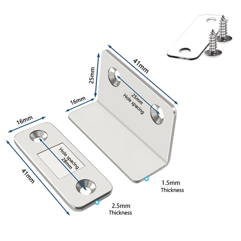 2Pcs Hidden L-Shaped Magnetic Stainless Steel Door Catch for Sliding Doors Drawers Cabinets Closets Closure - Silver