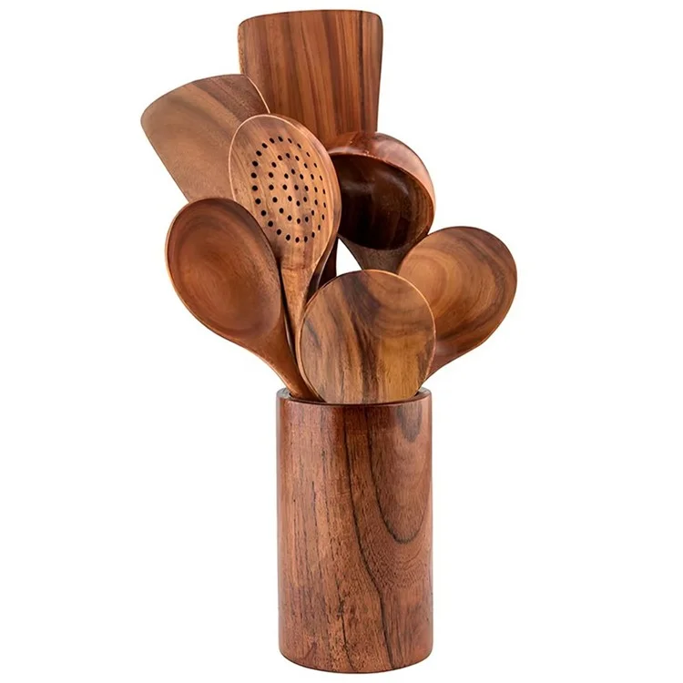 Conjunto de 8 Peças de Utensílios de Cozinha em Madeira, Espátula e Colher com Cabo Longo para Cozinhar (Sem FDA, Livre de BPA)