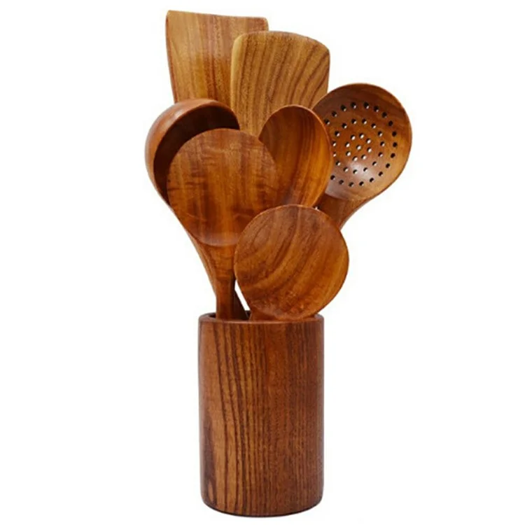 Conjunto de 8 Peças de Utensílios de Cozinha em Madeira, Espátula e Colher com Cabo Longo para Cozinhar (Sem FDA, Livre de BPA)