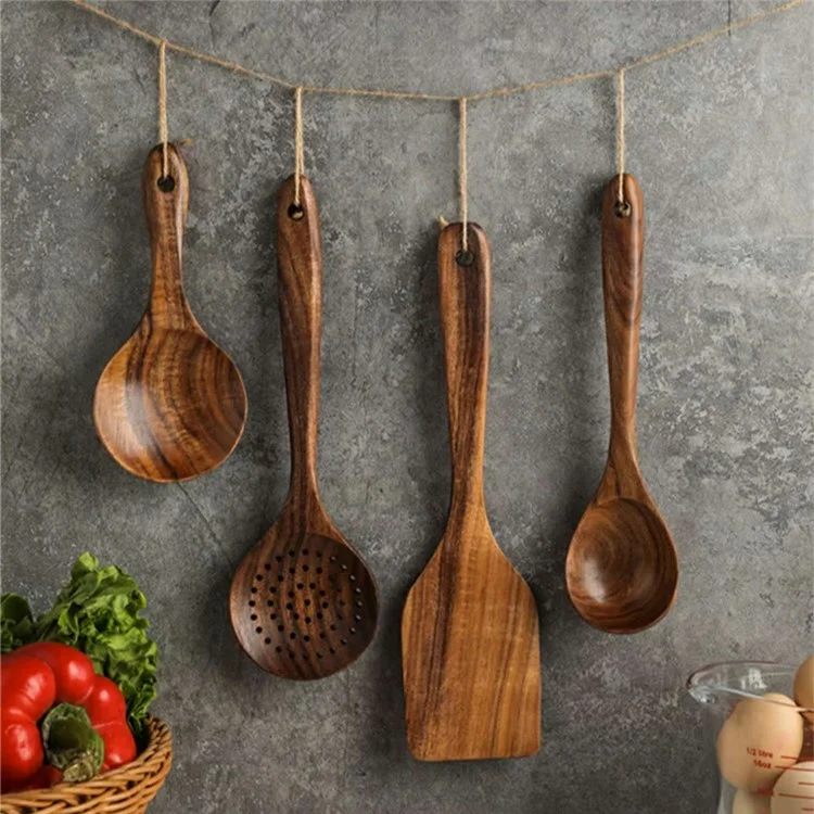 Conjunto de 8 Peças de Utensílios de Cozinha em Madeira, Espátula e Colher com Cabo Longo para Cozinhar (Sem FDA, Livre de BPA)