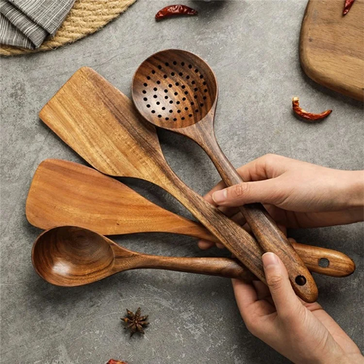 Conjunto de 8 Peças de Utensílios de Cozinha em Madeira, Espátula e Colher com Cabo Longo para Cozinhar (Sem FDA, Livre de BPA)