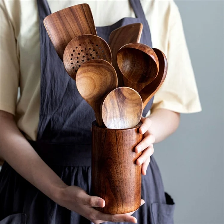 Conjunto de 8 Peças de Utensílios de Cozinha em Madeira, Espátula e Colher com Cabo Longo para Cozinhar (Sem FDA, Livre de BPA)