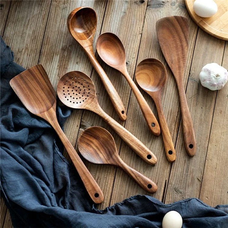 Conjunto de 8 Peças de Utensílios de Cozinha em Madeira, Espátula e Colher com Cabo Longo para Cozinhar (Sem FDA, Livre de BPA)