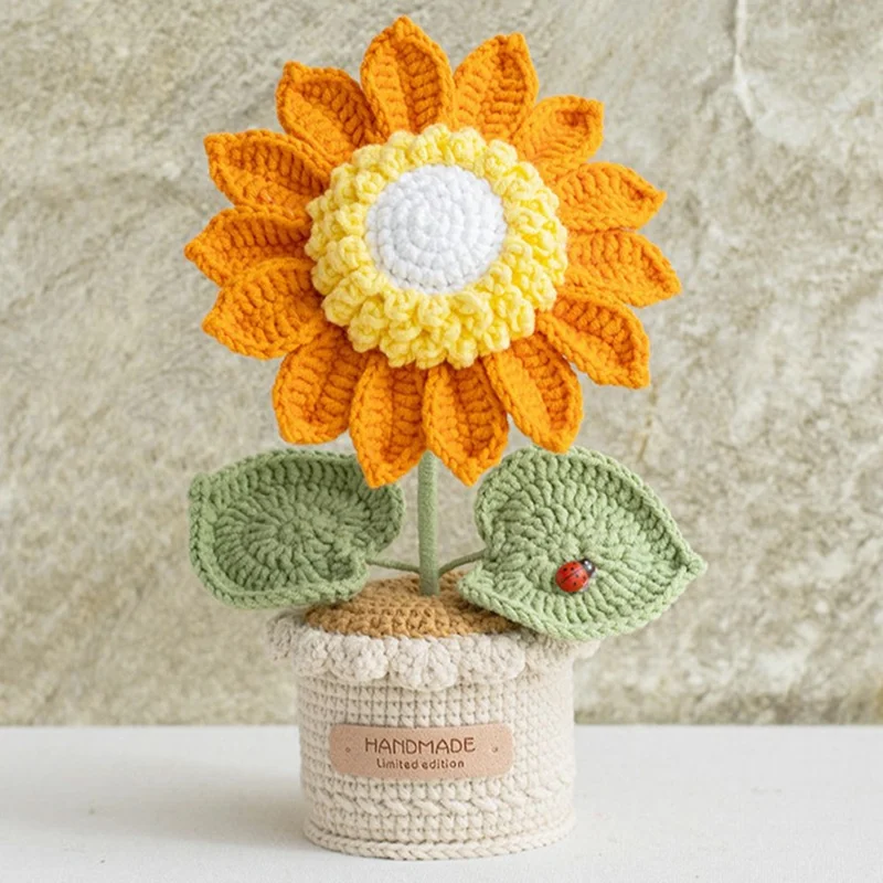 Handcrafted Yarn Sunflower Potted Plant Artificial Flower Decorative Ornament Gift - Tangerine Color