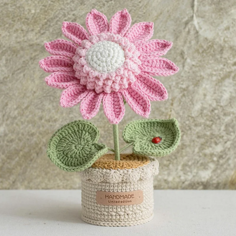 Handcrafted Yarn Sunflower Potted Plant Artificial Flower Decorative Ornament Gift - Pink