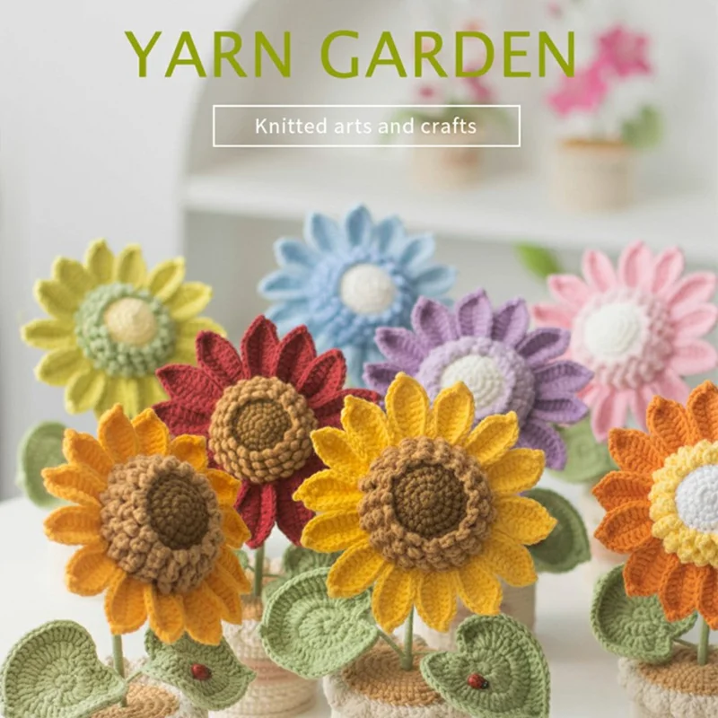 Handcrafted Yarn Sunflower Potted Plant Artificial Flower Decorative Ornament Gift - Pink