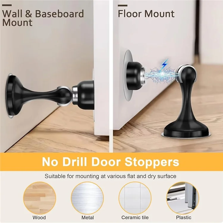 2 Pezzi Fermaporta Magnetico in Acciaio Inox per Porte in Vetro e Legno Assorbitori di Urti - Nero
