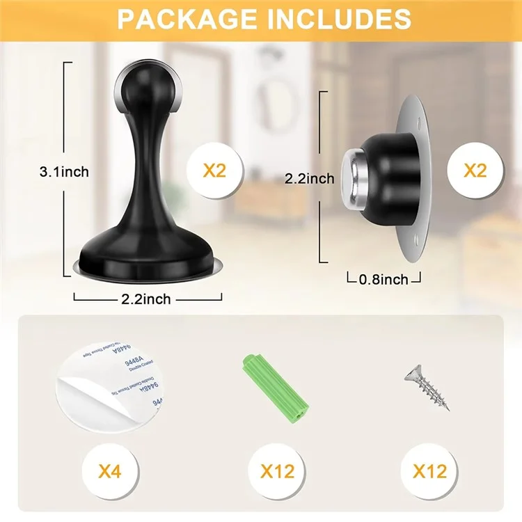 2 Pezzi Fermaporta Magnetico in Acciaio Inox per Porte in Vetro e Legno Assorbitori di Urti - Nero