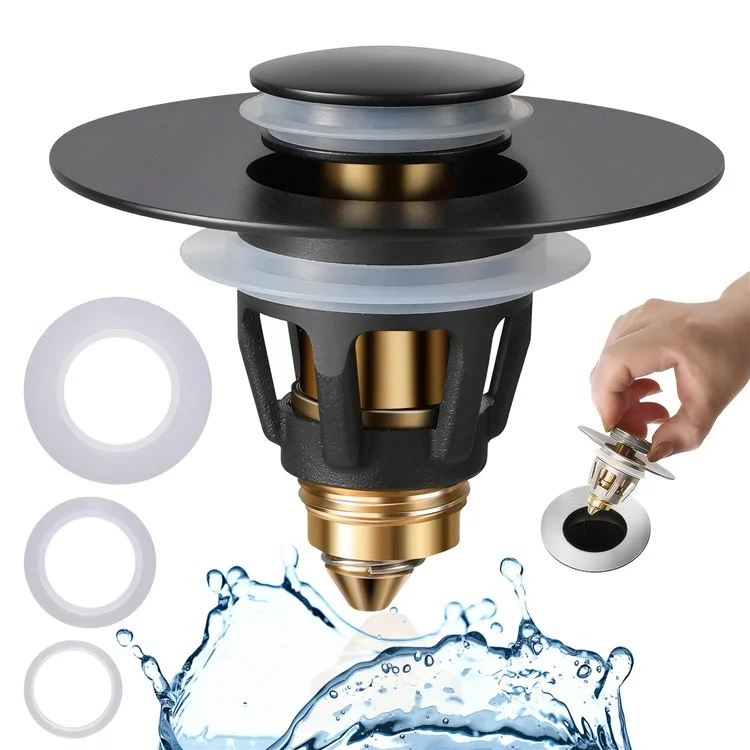 Tapón de desagüe para lavabo universal con botón pulsador, diseño antiatasco con recogedor de pelo - Negro mate