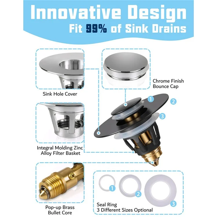 Tapón de desagüe para lavabo universal con botón pulsador, diseño antiatasco con recogedor de pelo - Negro mate