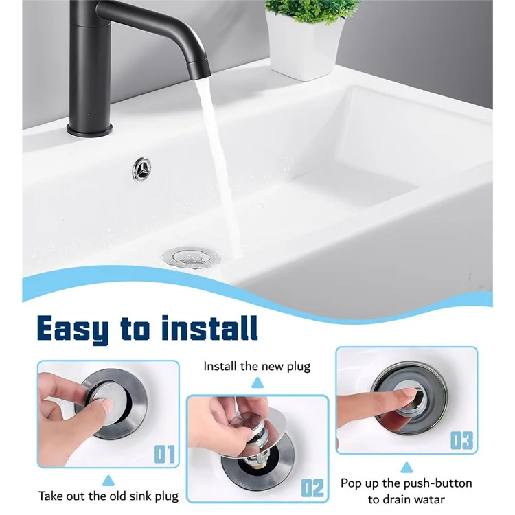 Tapón de desagüe para lavabo universal con botón pulsador, diseño antiatasco con recogedor de pelo - Negro mate