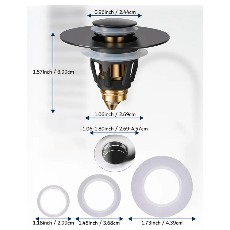 Tapón de desagüe para lavabo universal con botón pulsador, diseño antiatasco con recogedor de pelo - Negro mate