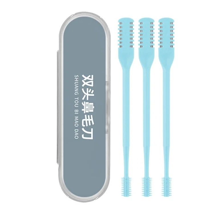 3Pcs Dual Head Nose Hair Trimmer Manual Nasal Cleaner Unisex Portable Nostril Grooming Tool - Sky Blue