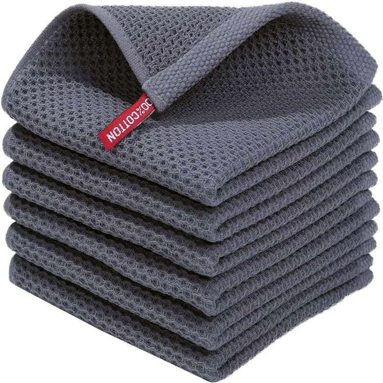 6 Peças de Pano de Prato em Algodão Waffle 34x34cm, Rápida Limpeza e Absorção com Alça de Pendurar - Cinza Escuro