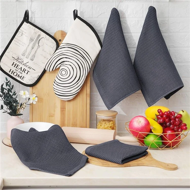 6 Peças de Pano de Prato em Algodão Waffle 34x34cm, Rápida Limpeza e Absorção com Alça de Pendurar - Cinza Escuro