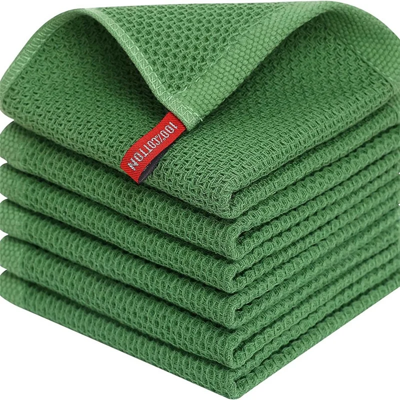 6Pcs 34x34cm Cotton Waffle Weave Kitchen Dish Towels Quick Cleaning Fast Absorbing Rag with Hanging Loop - Green