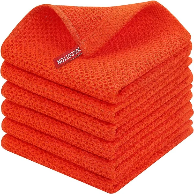 6 pièces 34x34cm Serviettes de cuisine en coton à gaufrage Nettoyage rapide Absorbant rapide Chiffon avec boucle de suspension - Orange