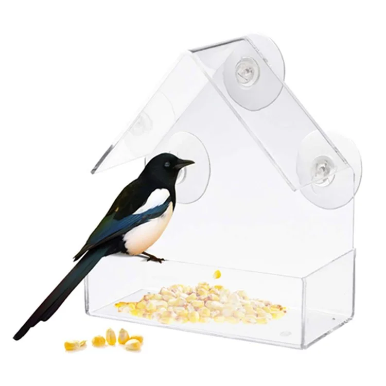 Alimentador de Pássaros de Acrílico Transparente em Formato de Casa com Ventosa para Montagem Externa