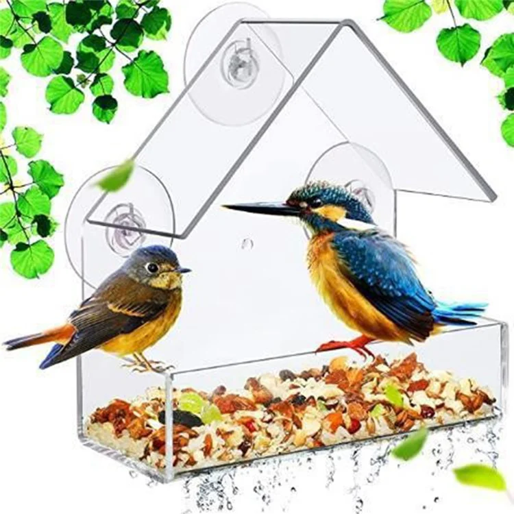 Alimentador de Pássaros de Acrílico Transparente em Formato de Casa com Ventosa para Montagem Externa