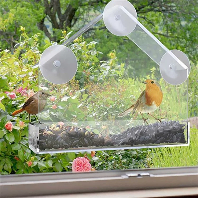 Alimentador de Pássaros de Acrílico Transparente em Formato de Casa com Ventosa para Montagem Externa