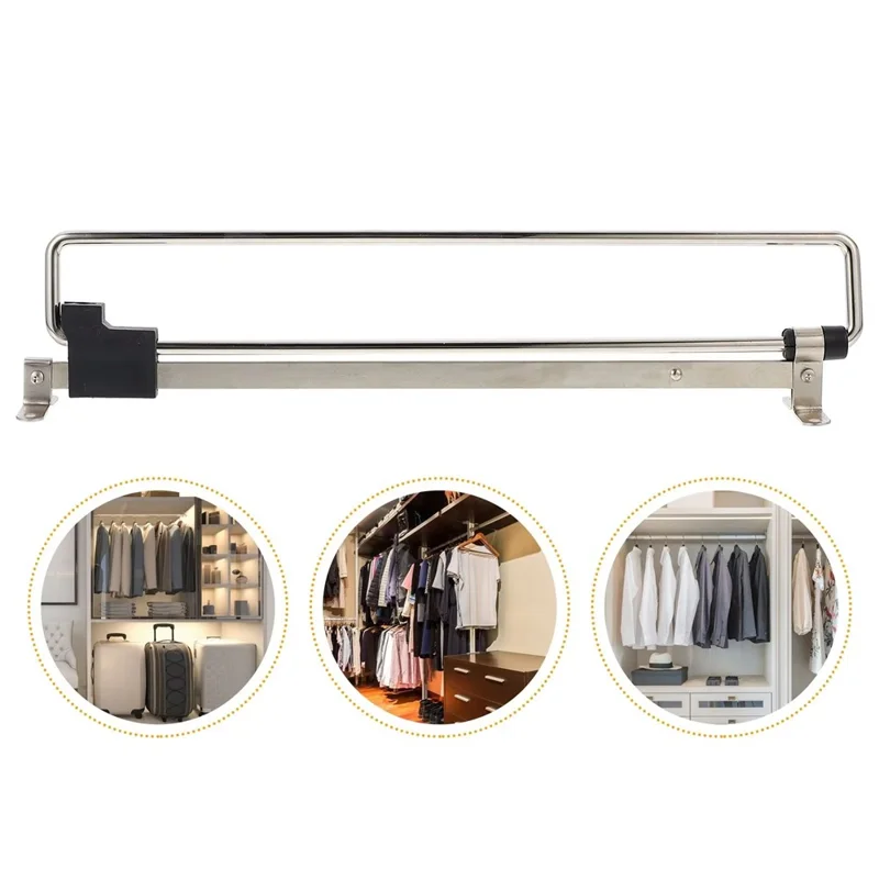 300mm Retractable Clothes Hanger Rod for Closet Wardrobe Heavy Duty Pull Out Hanging Rail - Silver