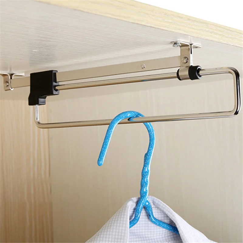 400mm Retractable Clothes Hanger Rod for Closet Wardrobe Heavy Duty Pull Out Hanging Rail - Black