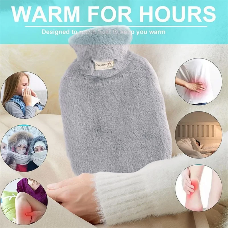 1000ML Refillable Hot Water Bag with Removeable Plush Cover Winter Hand Feet Warmer Water Bottle - Purple