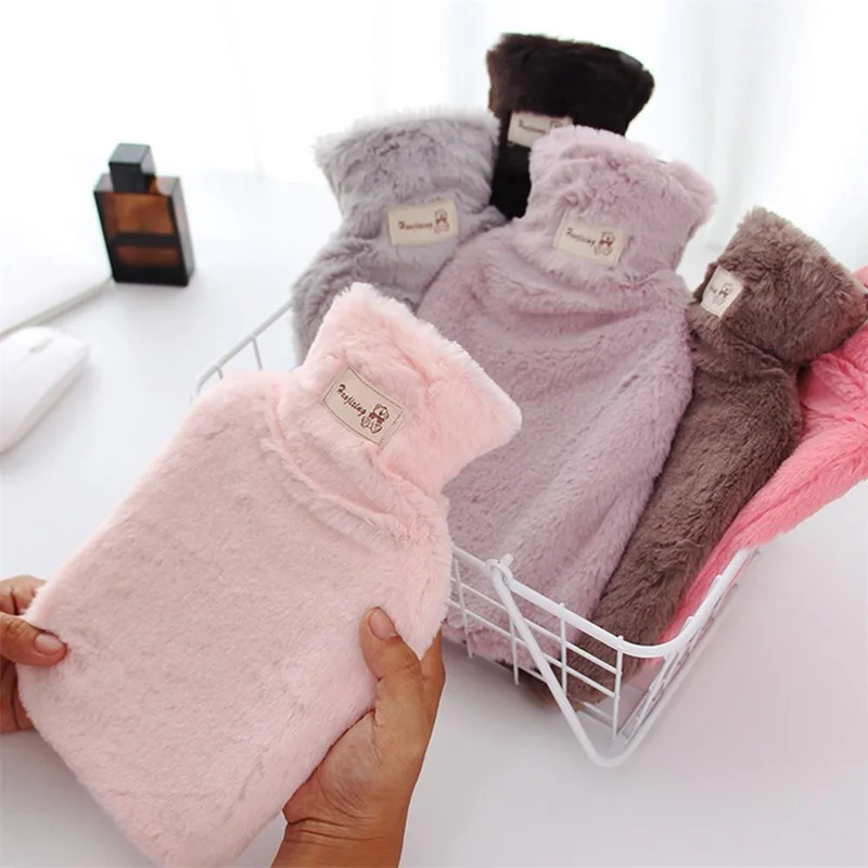 1000ML Refillable Hot Water Bag with Removeable Plush Cover Winter Hand Feet Warmer Water Bottle - Purple