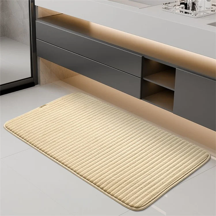 2Pcs / Set Striped Solid Color Bathroom Absorbent Mat Non Slip Flannel Doormat for Entrance, 40x60cm + 50x80cm - Beige