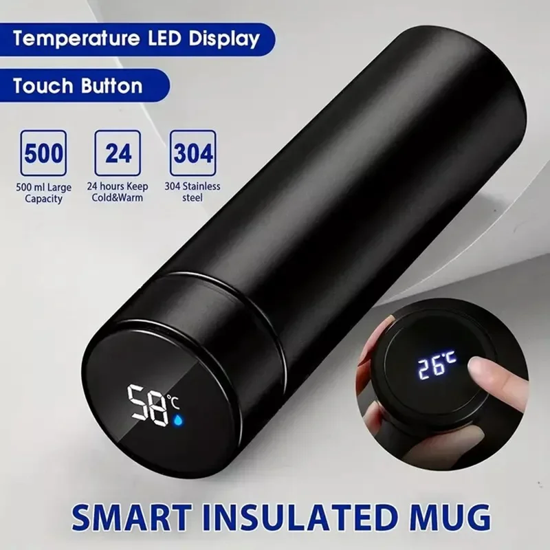 500ML Smart Temperature Display Water Bottle Double Wall Vacuum Insulated Cup Stainless Steel - Blue
